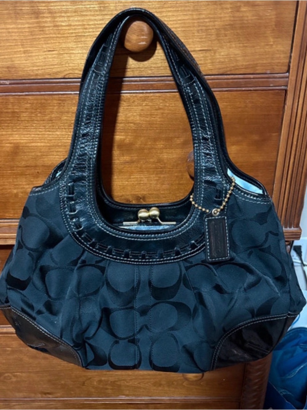 Coach Black Y2K Signature Canvas kisslock Hobo Bag with Leather Trim